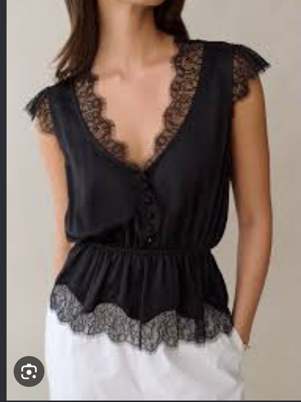 Few MODA SMALL- 100% silk Black Lace-Trim V-Neck Women's Top
